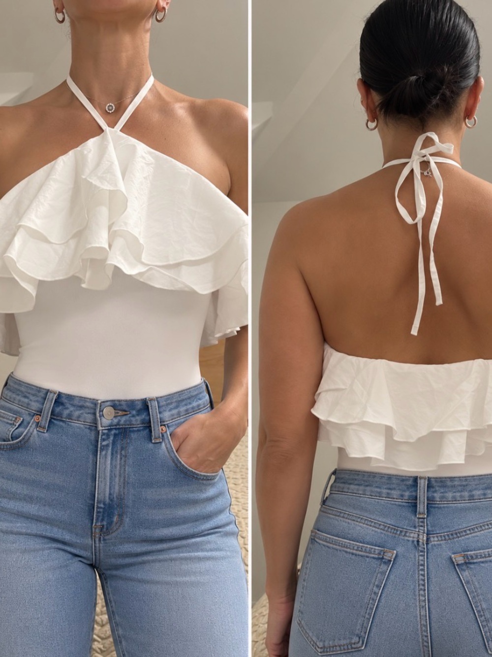 Zara White Ruffle Halter Bodysuit Size S NWT